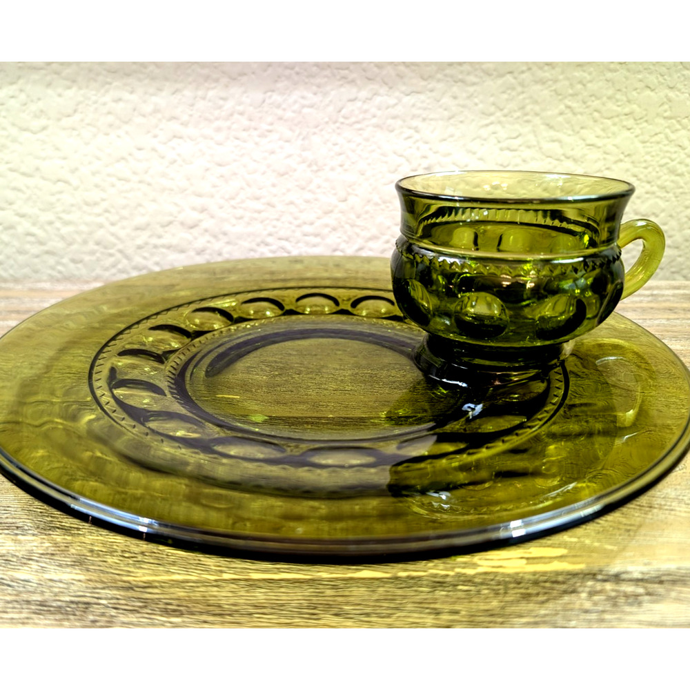 Vintage Olive Green Glass Snack Set Plates Cups Thumbprint Luncheon Set of 3